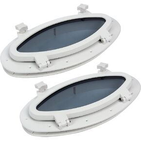 Amarine Made Pair of Boat Yacht Elliptical Oval Opening Portlight Porthole 16" X 8-5/8" Replacement Window Port Hole - ABS , Tempered Glass, Color: White, Black (White)