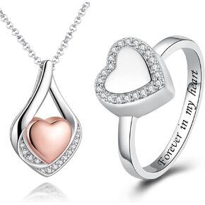 Cremation Jewelry 925 Sterling Silver Teardrop Urn Necklace for Ashes Heart Shape Memorial Keepsake Pendant Heart Urn Ring Holds Loved One Ashes Forever in My Heart Memorial Keepsake