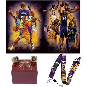 Edgell House Kobe Bryant Collectibles Gift Set - Two Championship Rings and Display Case – One 3D Kobe Bryant Legends Poster – One Key Lanyard – All of it Black Mamba Themed