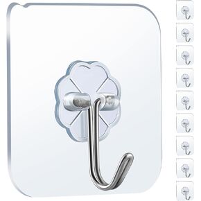 Wall Hooks - 44lb(Max) Heavy Duty Adhesive Hooks for Hanging, Waterproof and Rustproof, Transparent Design, Bathroom Kitchen Hooks (12, Large)