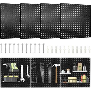 Pegboard, 4 PCS 16"×16" Large Heavy Duty Metal Pegboard Panels with Frame Black Peg Board Display Peg Boards for Walls, Display, Garage Tool Storage, Office Organization, Craft Room, Kitchen