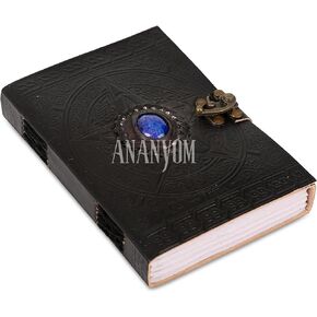 Handmade Leather Journal, Black, Pentagram Lapis Lazuli Stone Design, Genuine Leather Notebook Diary, Sketchbook with Brass Clasp Lock, Embossed Journal for Men & Women, Office Journal