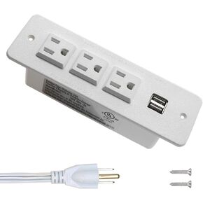 Conference Recessed Power Strip with USB Mountable Power Outlet Built in Desktop Workbench Drawer Cabinet 10'ft Heavy Duty Power Cord White