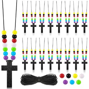 Kathfly DIY Wood Cross on Cord Wood Cross Pendant Necklace DIY Walnut Cross Necklace with Colorful Assorted Beads for Crafts for Men Women Boy Girl Children
