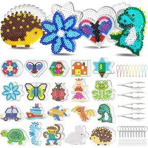 FUNZBO 20 Pieces 5mm Fuse Beads Pegboards - Animal Shape Pegboards for Arts and Crafts Projects with Keychains, Hang Ropes and Beads Tweezers, Fuse Beads Gift Set