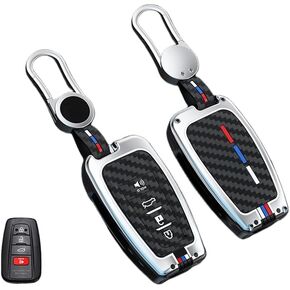 Carbon Fiber Key Fob Cover Case, Keychain, Metal Shell Cover Compatible with Toyota 2020-2022 Highlander 2018-2022 RAV4 Camry C-HR Corolla Avalon Prius GT8(Tpye-D Gunmental)
