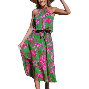 CUPSHE Women's Midi Dress Halter Floral Sleeveless Belted Ruffled A Line Casual Summer Dress