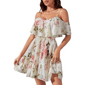 SweatyRocks Women's Floral Print Short Sleeve Cold Shoulder Dress Asymmetrical High Low Ruffle Midi Dresses