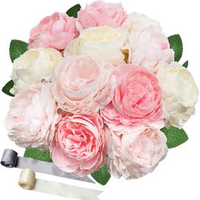 SnailGarden 12 Head Artificial Peony Flowers , 3 Colors, Silk Peony Pink with 2Pcs Satin Ribbon and 1Pcs Greeting Card, Peonies Bouquet for Wedding Party, Home Office Table Arrangements, Festival Gift