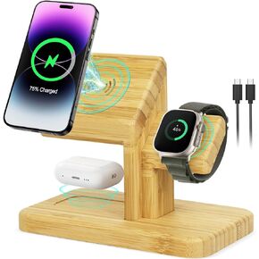 3 in 1 Wireless Charging Station for Apple Devices, CAIROCK Fast 20W Magnetic Bamboo Charger Stand Dock for iPhone 15/14/13/12 Pro/Max/Plus, for Apple Watch 8/7/6/5/4/3/2/SE, for Airpods Pro/2/3