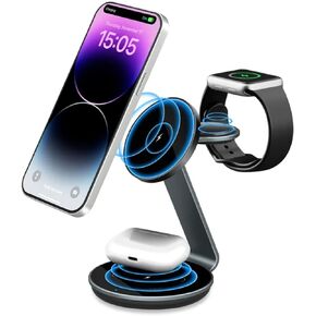 FigurX Aluminum Alloy 3 in 1 Magnetic Wireless Charging Station,15W Fast Wireless Charging Compatible with Magsafe Charger Stand for 15 14 13 12 Series, Apple Watch (Cable Included) (Black)