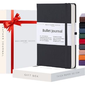 BEECHMORE BOOKS Dotted Journal Bullet Notebook, 8.3 x 5.8 inch 112 Dotted Pages, Hardcover Grid Dot Leather, 160 GSM Thick Paper, Journals for Women, Men - Gifts Box Included