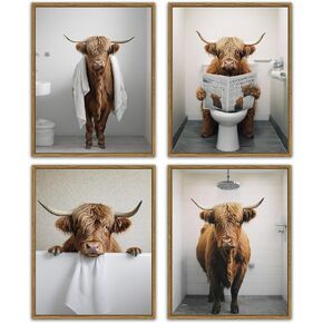 Funny Highland Cow Bathroom Wall Art Framed Black and White Rustic Cute Bathroom Canvas Prints for Bathroom Restroom Decor 8x10inx4pcs (Framed)