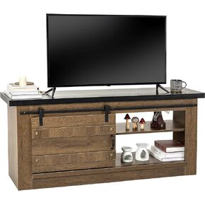 TV Cabinet Entertainment Center with Sliding Barn Doors, Wooden Country Style Console Table with 2 Shelves, Applicable to 65" TV Set Max (Brown)