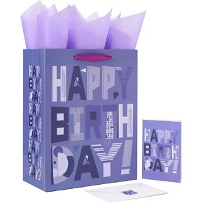 13" Large Purple Gift Bags Set with Greeting Card and Lavender Tissue Papers (Cartoon Happy Birthday) for Women's Birthday Party, Girls' Party, Baby Shower, or Baby Girl - 10.2"x5.2"x13", 1 Pcs.