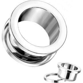 Pair (2PCS) STAINLESS STEEL SCREW FIT TUNNELS Double Flare Gauges Ear Plugs 9268, Silver, Gray, Grey