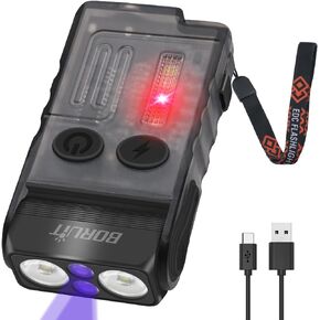 BORUIT V20 Small Powerful Pocket Flashlight,180°Head Swivels with Cob Side Light and Atmosphere Lamp Cap,Ip67 USB C Rechargeable Flashlight with Clip,Lanyard and Keychain,Magnetic Buzzer-13 Modes