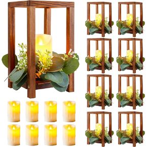 16 Pcs/8 Set Wooden Wedding Lantern Centerpiece, Lantern Candle Holder for Rustic Wedding Table Decoration, Table Farmhouse Candle Lantern with 8 Pcs Flameless LED Candles（No Wreathes）