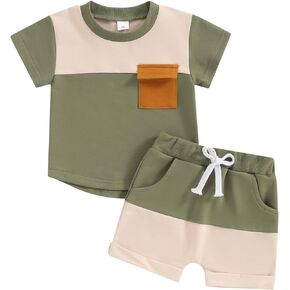 Ledy Champswiin Toddler Baby Boy Summer Outfit Color Block Short Sleeve T-shirt Pullover Tops Jogger Shorts Clothes Set