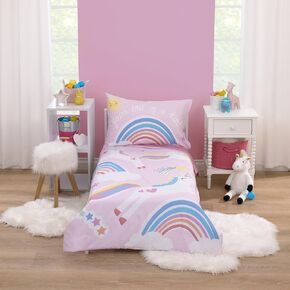Everything Kids Hearts Pink, Blue and White Little Girl Big Heart 4 Piece Toddler Bed Set - Comforter, Fitted Bottom Sheet, Flat Top Sheet, and Reversible Pillowcase