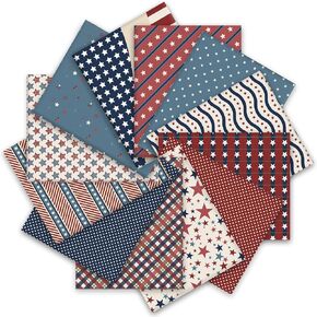 Whaline 12Pcs Patriotic Cotton Fabric Bundles Vintage Plaid Stripe Star Fat Quarters 4th of July Quilting Patchwork for Independence Day DIY Craft Party Decor, 18 x 22 Inch