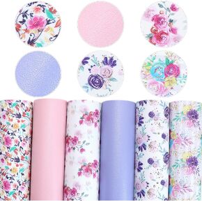 David accessories 6 Pcs 7.7" x 12.9" (20 cm x 33 cm) Solid Color Floral Printed Faux Leather Fabric Sheets Include 2 Kinds of Leather Fabric for DIY Bows Earrings Making Crafts (Flower Printed Set C)