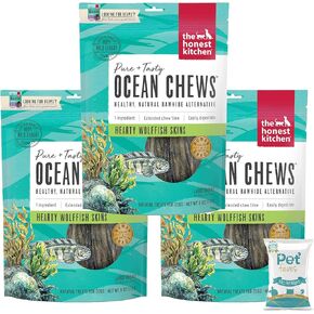 Pet Faves (3 Pack of 6oz) The Honest Kitchen Wolffish Ocean Chews Grain Free Dog Chew Treats – Natural Human Grade Dehydrated Fish Skins (6 oz Each) with 10ct Wipes