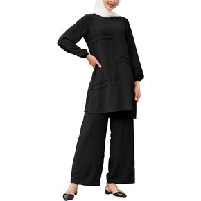 IWEMEK Muslim Casual 2 Piece Set for Women Loose Top Wide Leg Pants Dubai Abaya Islamic Two Piece Outfit Prayer Clothes S-5XL