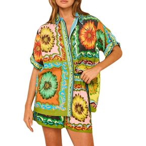 NUFIWI Y2K Women Vintage Graffiti 2 Pieces Shorts Sets Floral Fruit Print Short Sleeve Shirt and Shorts Beachwear Tracksuit
