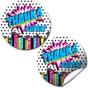 Super Hero Girl Birthday Party Thank You Sticker Labels, 40 2" Party Circle Stickers by AmandaCreation, Great for Party Favors, Envelope Seals & Goodie Bags