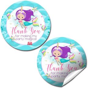 Magical Purple Unicorn Mermaid with Light Complexion Thank You Sticker Labels for Girls, 40 2" Party Circle Stickers by AmandaCreation, Great for Party Favors, Envelope Seals & Goodie Bags