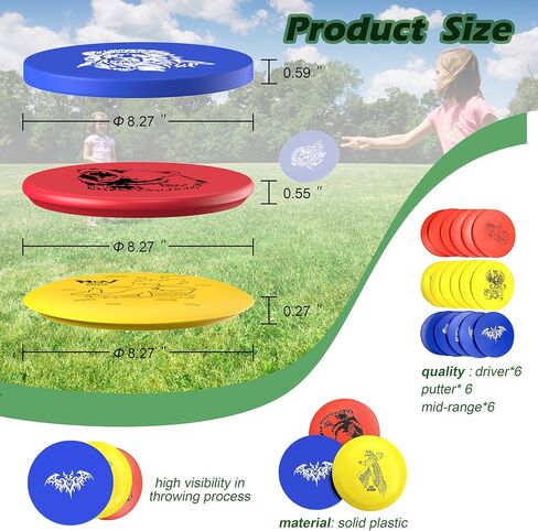Disc Golf Set for Beginners, 18 Disc Golf Discs with 9 Types of Pictures, 6 Drivers 6 Putters 6 Mid Ranges, Play Outdoor Indoor Backyard for 3 Plus People Family in Saudi Arabia