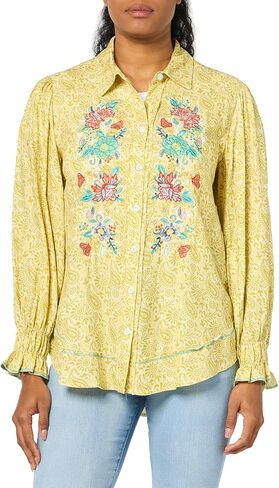 Women's Print and Embroidered Button Up Shirt with Ruffle Cuffs in Saudi Arabia