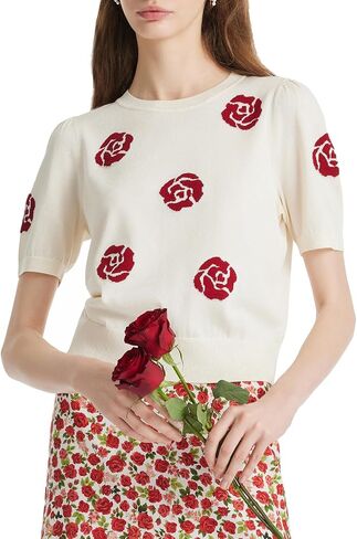 Women's Floral Summer Tops 2024 Dressy Casual Blouse Short Sleeve Crew Neck Knit T Shirt with Jacquard in Saudi Arabia