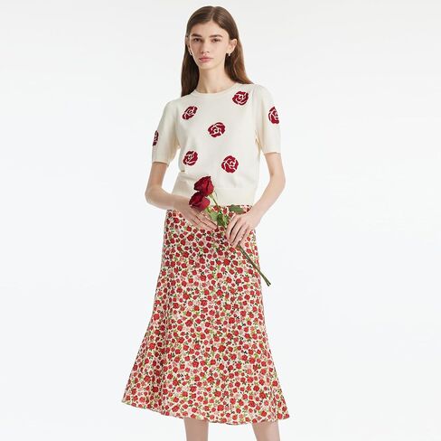 Women's Floral Summer Tops 2024 Dressy Casual Blouse Short Sleeve Crew Neck Knit T Shirt with Jacquard in Saudi Arabia