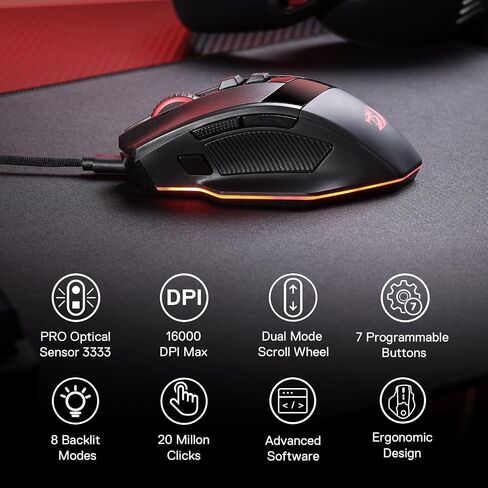 Redragon M813 Wired RGB Gaming Mouse with 4D Dual Mode Scroll Wheel, Optical Ergonomic Gamer Mouse with Max 16,000DPI, High Precision Sensor 3333, 7 Macro Buttons, Software Supported in Saudi Arabia