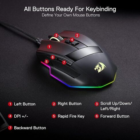 Redragon M813 Wired RGB Gaming Mouse with 4D Dual Mode Scroll Wheel, Optical Ergonomic Gamer Mouse with Max 16,000DPI, High Precision Sensor 3333, 7 Macro Buttons, Software Supported in Saudi Arabia