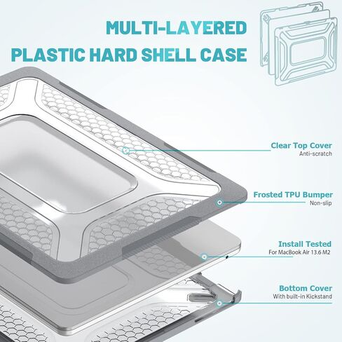 Mektron for M3 /M2 MacBook Air 13.6 inch Case 2024/2022 (A2681/ A3113), Heavy Duty Hard Shell Cases with Fold Kickstand, Protective Case with Keyboard Cover for 13.6" MacBook Air, Grey in Saudi Arabia