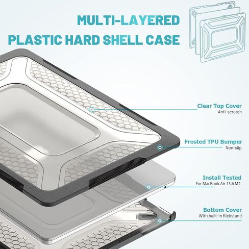 Mektron for M3 /M2 MacBook Air 13.6 inch Case 2024/2022 (A2681/ A3113), Heavy Duty Hard Shell Cases with Fold Kickstand, Protective Case with Keyboard Cover for 13.6" MacBook Air, Grey in Saudi Arabia