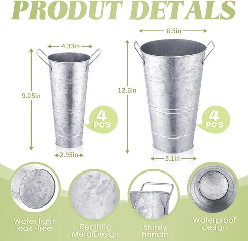 Chumia 8 Pcs Wedding Flower Buckets Bulk 12.6 Inch and 9 Inch, Galvanized Tall Metal French Vase for Cut Flower with Handle Planter Rustic Vintage Decorative Centerpiece Farmhouse Florist Decor in Saudi Arabia