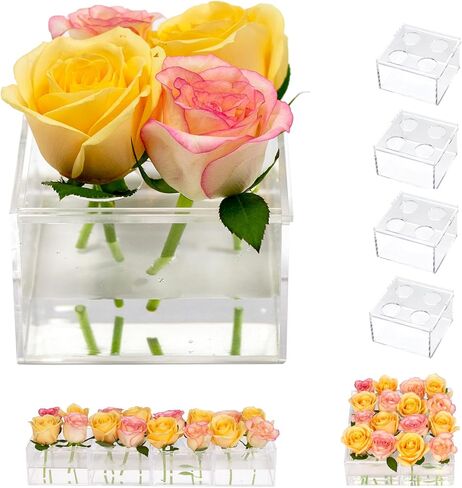 Round Acrylic Flower Vase (D:9.8" H:2.6"), Unique Vases for Flower Circular Leak-Proof Clear Low Vase | Cylinder Floral Centerpieces for Dining Table in Saudi Arabia