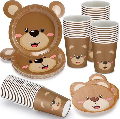 98 Pcs Brown Bear Party Tableware Set for 24 Guests, Included 24 Bear Baby shower Paper Plates 24 Bear Cups and 50 Paper Bear Napkins for Baby Shower Party Supplies Birthday Decorations in Saudi Arabia