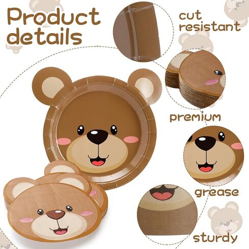 98 Pcs Brown Bear Party Tableware Set for 24 Guests, Included 24 Bear Baby shower Paper Plates 24 Bear Cups and 50 Paper Bear Napkins for Baby Shower Party Supplies Birthday Decorations in Saudi Arabia