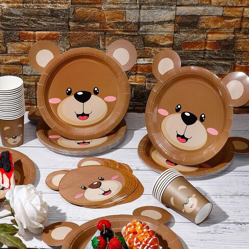 98 Pcs Brown Bear Party Tableware Set for 24 Guests, Included 24 Bear Baby shower Paper Plates 24 Bear Cups and 50 Paper Bear Napkins for Baby Shower Party Supplies Birthday Decorations in Saudi Arabia