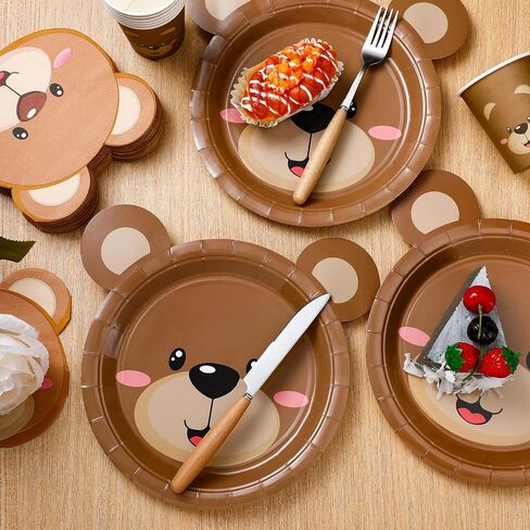98 Pcs Brown Bear Party Tableware Set for 24 Guests, Included 24 Bear Baby shower Paper Plates 24 Bear Cups and 50 Paper Bear Napkins for Baby Shower Party Supplies Birthday Decorations in Saudi Arabia