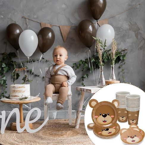 98 Pcs Brown Bear Party Tableware Set for 24 Guests, Included 24 Bear Baby shower Paper Plates 24 Bear Cups and 50 Paper Bear Napkins for Baby Shower Party Supplies Birthday Decorations in Saudi Arabia