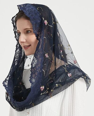 الحجاب الكاثوليكي للنساء كتلة الدانتيل روز التطريز إنفينيتي شكل مانتيا الحجاب غطاء الرأس M3 in Kuwait