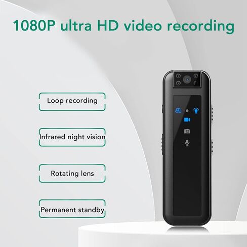 كاميرا صغيرة للجسم، مسجل فيديو يمكن ارتداؤه بدقة 1080 بكسل مع رؤية ليلية، كاميرا أمان بتصميم مشبك خلفي محمول 180 درجة مع مؤشر LED in Kuwait