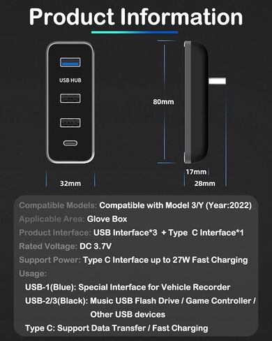محاور USB Wahome متوافقة مع 2022 Tesla Model 3/Y، 4 في 1 Glovebox USB Flash Drive شحن محطة إرساء نقل البيانات، لمحول شاحن متعدد المنافذ موديل 3/Y، ملحقات السيارة in Kuwait