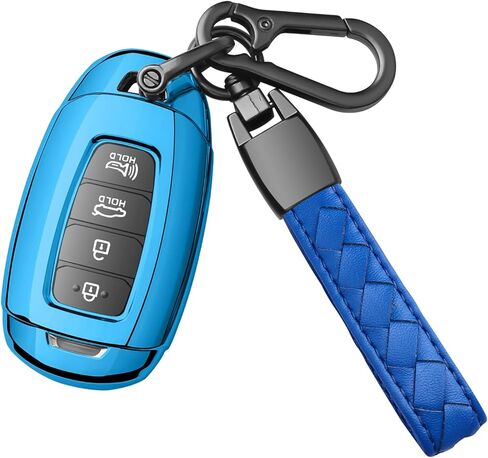 Sindeda لغطاء HyundaiKey Fob مع واقي سلسلة مفاتيح جلدية متوافق مع 2019 2020 2021 Hyundai Fe Palisade Kona Elantra GT Veloster 3 4 5 أزرار غطاء مفتاح Fob (أسود أرجواني) in Kuwait